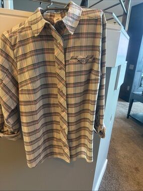 CAbi Plaid Button-Down Shirt in Beige, Pink and Black